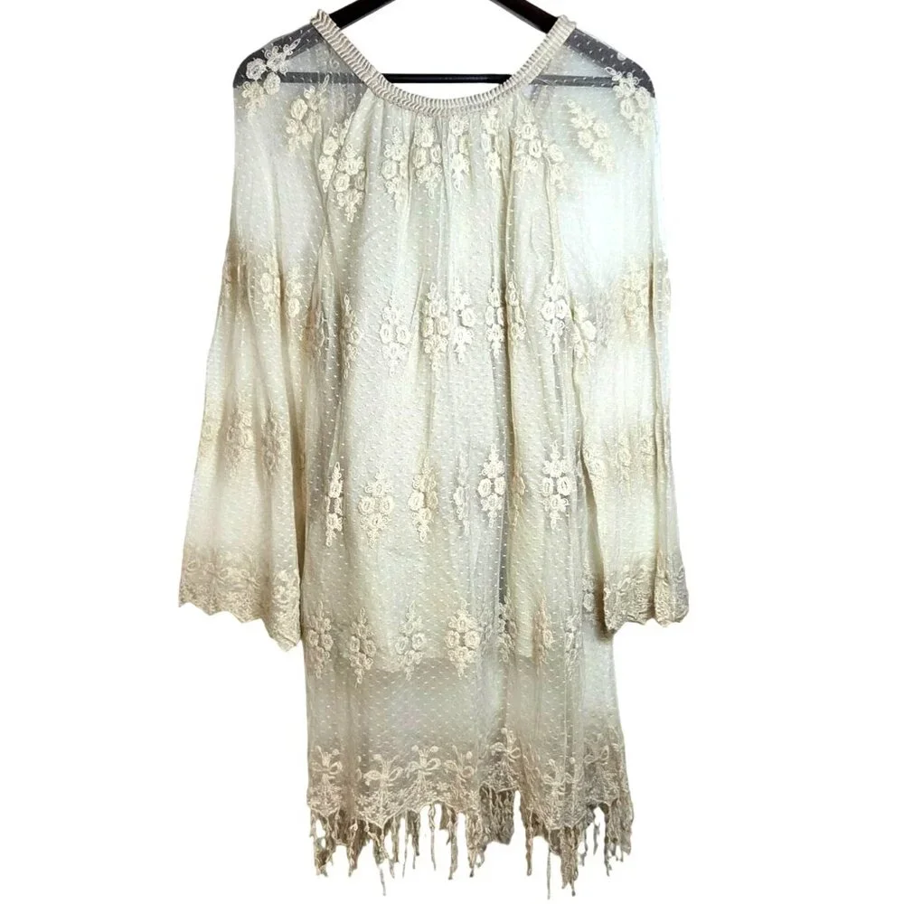 Contrast Cream Floral Embroidery Lace Long Sleeve Boho Cowgirl Mini Dress Medium - Picture 3 of 6